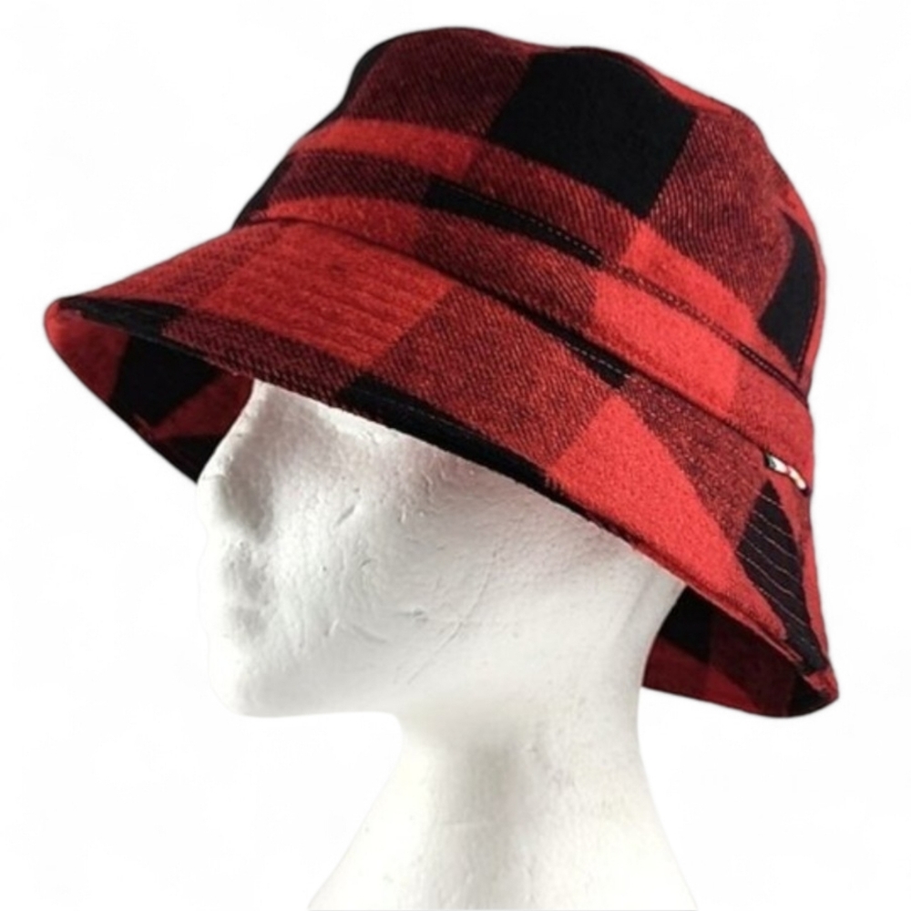 NWT HB STRIPES Unisex Bucket Hat Racing Red Black Check Wool Blend Fleece Line
